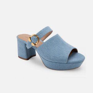 Aerosols Women’s 9 Wide Fit Denim Blue Gold Buckle Slip On Mule Block Sandal